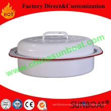 White Enamel Oval Roaster+Red Rim+Cover